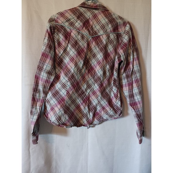 Twenty X Women's  L/S Pearl Snap Pink/Purple Plaid Blouse.  Blue piping. L. - Picture 4 of 9